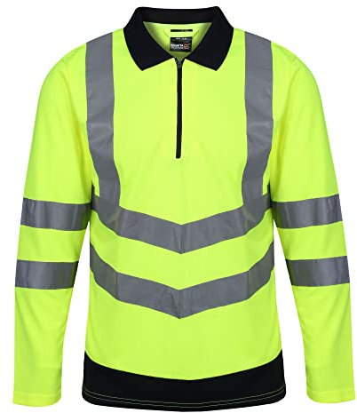 Regatta Professional Mens Hi Vis Long Sleeve Polo Shirt with Reflective Strips - Perfect for Outdoors Workwear Yellow/Navy