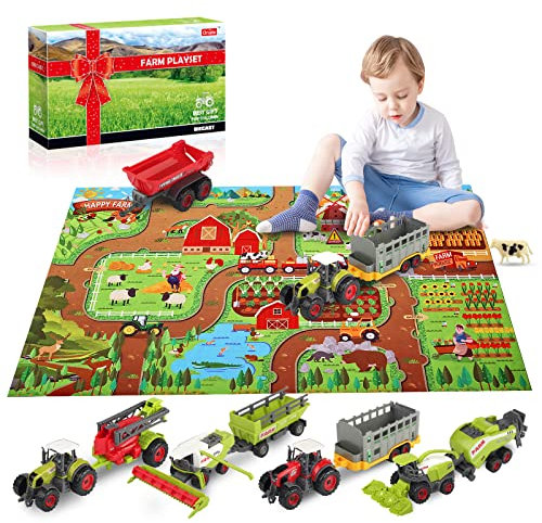 Oriate Farm Tractor Set 34 Piece Die-Cast Vehicle Value Playset, Large Size 4.7 Tractor Toy Playset for Kid's Christmas Birthday Gift, Including Farm Room Play Mat with Farm Animal Harvester