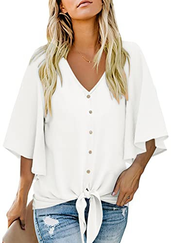Aokosor Ladies Tie Front Blouses 3/4 Bell Sleeve Tops for Women UK White Shirts V Neck Button Summer Chiffon Size 16-18
