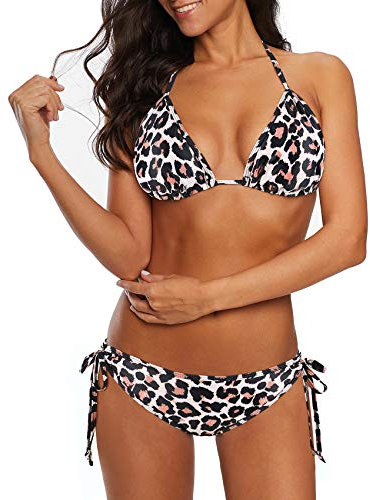 Durio Bikini Damen Push up Sexy 2tlg Bikini Damen Set mit Triangel Bikinihose Breit von Körpchen Verstellbar Leopard 40-42(Herstellergröße L)