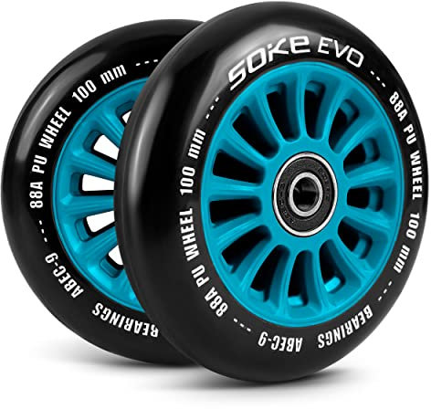 SOKE Rollerräder Set 2 Stück Durchmesser 100 mm Achse 8 mm Kugellager ABEC 9 Härte 88A Aluminium und PU für harte Oberflächen Blau