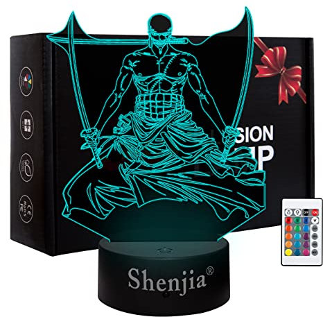 Shenjia 3D LED ONE PIECE Nachtlicht Charakter Commodity Lampe für Kinderzimmer Home Room Dekoration Buntes Nachtlicht Geschenk für Fans Merch (16 Farben, Roronoa Zoro-B)…