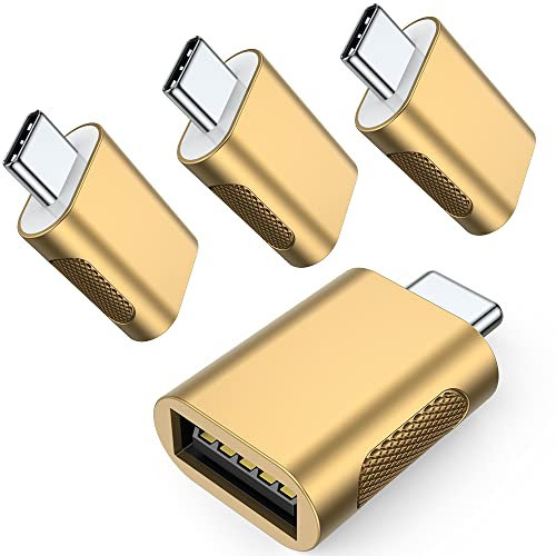 AuviPal 10Gbps USB C to USB 3.1 Adapter (4 Pack), Thunderbolt 4/3 to USB OTG Converter for iPhone 15, MacBook, iPad, iMac and More Type C Devices - Gold