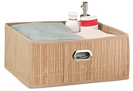 Relaxdays 10 x Aufbewahrungskorb Bambus, Badkörbchen quadratisch, Stoff Regalkorb flach, H x B x T 14 x 31 x 31 cm, faltbar, Natur