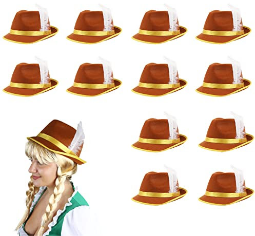 I LOVE FANCY DRESS Oktoberfest Bayerische Mützen - 12 Stück - Braun & Gelb Bayerische Mütze mit Federdetail - Erwachsene Deutsche Oktoberfest Tiroler Mütze