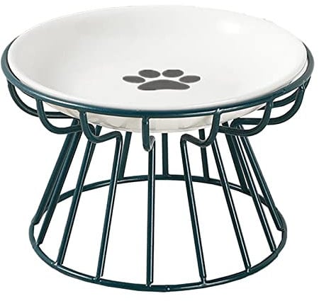 GALER Raised Cat Bowl, Cat Food Bowl with Metal Stand, Ergonomic Cat Plate Elevated Cat Bowls Ceramic Anti Vomit Cat Feeding Bowl Food Water Shallow Tilted Ceramic Dish for Cat Small s (Green, Paw)