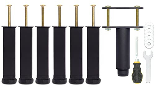 Pied de Lit 15 cm à Visser, Pied Sommier à Lattes Universel, Reglable en Hauteur, Metal, Carré + Rond, Boulons M8, pour le Cadre Métallique d’un Sommier Adulte, Noir, Lot de 7 (6 Latéraux + 1 Central)