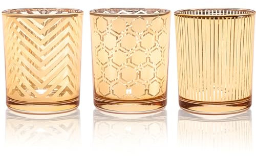 Toptime Tea Light Candle Holders, Gold Votive Candle Holder Set of 3, Glass Tealight Holders with Stripe Honeycomb Wavy Lines Pattern, Romantic Table Centrepiece for Wedding, Party, Home Decor