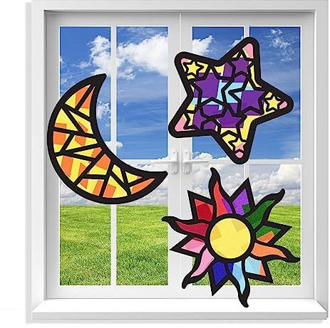 VHALE Suncatchers Craft 3 Sets (9 Cutouts) w Tissue Papers Stained Glass Effect Paper Sun Catcher Kit, Window Art, Classroom Crafts, Creative Art Projects, Kids Party Favors (Sun Moon & Stars)