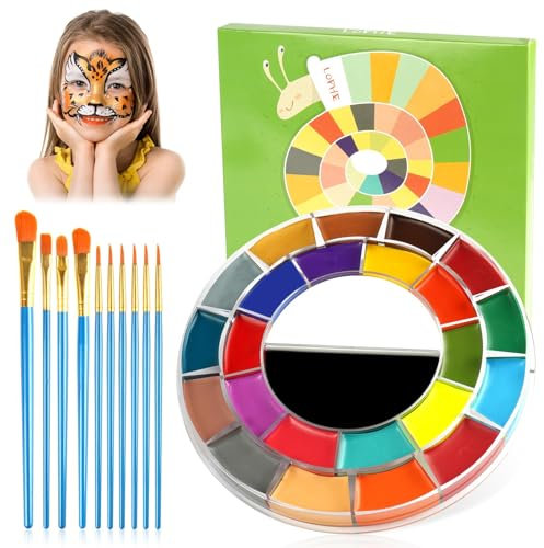 LOPHE Pintacaras Infantil Aceitoso, 25 Colore Pinturas Cara con 10 Pinceles Diferentes Formas, No Tóxica Pintura Corporal y Facial, Kit Pintura Facial Halloween Fiestas Cosplay Semana Santa