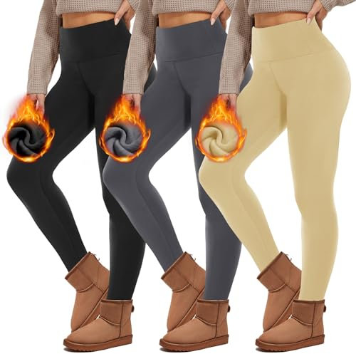 HIPOWER 3er Pack Thermo Leggings Damen Gefüttert Winter High Waist Fleece Warme Leggins Blickdicht Schwarz Sportleggins Thermounterwäsche Laufhose Yogapants(B-Schwarz+Grau+Hautfarbe,L-XL)