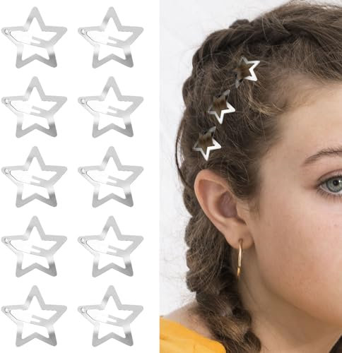 10 Stück Stern Haarspangen, Y2K Zubehör Silberne Metall Haarspangen Snap Star Haar Accessoires Rutschfeste Stern Clips für Mädchen Und Frauen