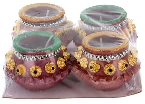 Diwali Diya Clay Wax Filled Matki Diva Pot Lamps Tea Lights Painted Handmade Deepavali Decorative Diyas Hindu Indian Festival for Home Decorations Pooja Mandir Rangoli Gifts Set of 4 (Purple & Brown)