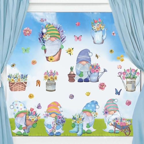 HPNIUB Frühling Wandaufkleber,Frühling Gnome Blume Fenster Clings,Frühling Garten Tulpe Lavendel Blumen Wandaufkleber,Ostern Zwerg Schmetterling Wandaufkleber für Kinderzimmer Schlafzimmer