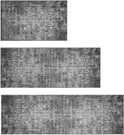 MELAJIA Kitchen Rugs Sets of 3 Kitchen Mats for Floor 3 Piece Set Non Slip Washable Blueish Black Kitchen Mat Set Kitchen Runner Rug Carpet for Laundry Room Front Door(50x80cm+50x120+50x150cm