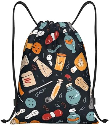 Dwrepo Rucksack mit Cartoon-Medizin-Druck, Kordelzug, wasserdicht, Sporttasche, Turnbeutel für Damen und Herren, Schwarz, M