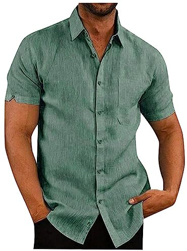 Herren Hemd Langarm Poloshirts Für Herren T Shirts Männer V Ausschnitt Leinenhemd Freizeithemd Mit Brusttasche Sommer Einfarbig Hemden Für Herren Button Down Baumwolle Leinen T Shirt Weiß (Green, 4Xl)