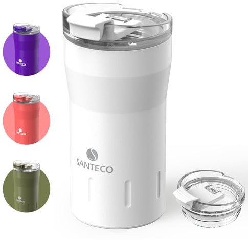 SANTECO Thermobecher 350ml, Kaffeebecher to go 18/8 aus Edelstahl Doppelwandig isoliert - Hält 6 Stunden Heiß - 100% auslaufsicher trinkbecher mit transparent deckel BPA-freier