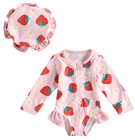 Toddler Baby Girl Swimming Costume with Hat Long Sleeve Zip Up Floral Ruffle Swimsuit Sun Protection Rash Guard Swimwear One Piece Bathing Suits Summer Beachwear (Strawberry Rose, 18-24 Months)
