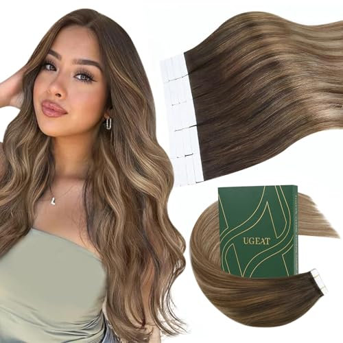 Ugeat Extensions Echthaar Tape 50 cm Braun Ombre Weiche Haarverlängerung Echthaar Tape Extensions Schokobraun Balayage für Frauen 20 Stück 50G #4/10/16