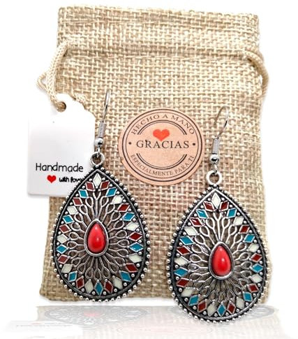 Pendientes Bohemios Hippie Llamativos, Boho Vintage. Pendiente Largo para Mujer Ideal para Regalar. Mandala Ethno 2024. Elegantes y Ligeros. Regalo Original (Gota Coral)