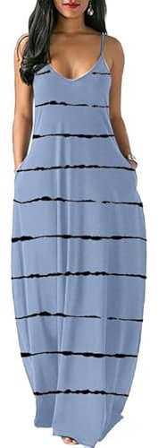 Generisch Damen Sommer Maxi Casual V-Ausschnitt Ärmellos Streifen Schultergurt mit Taschen Tiefe lose Split Kleider gestreift Flowy (Hellblau,XL)