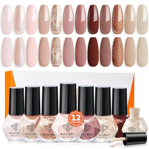 modelones Nagellack 12 PCS, Nagellack Schnelltrocknend Braun Nude Glitzer Rosa, Nagellack Ungiftig Auf Wasserbasis, Langanhaltender Nagellack für DIY Salon Geschenk für Frauen Mädchen
