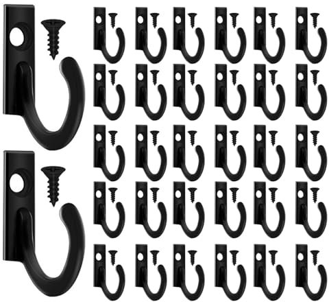 SuerZaro 30 Pieces Key Hooks, Black Screw in Hooks, Wall Mounted Small Hooks Steel Metal Hooks, Single Hooks for Hanging Hat, Jewelry, Bag, Robe, Coat, Scarf