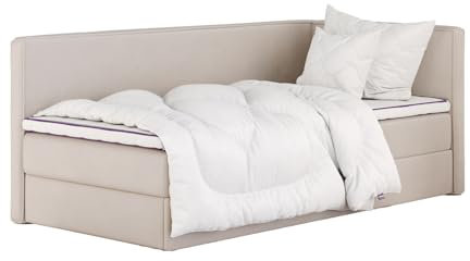 mybed. Boxspringbett Einzelbett Mitto Conti Twin Rechte Seite Polsterbett mit Bettkasten Cremig 7-Zonen Taschenmatratze H2 120x200 und Topper Jugendbett Kinderbett