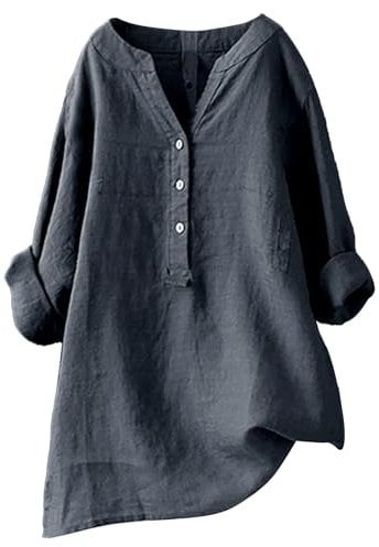 Leinen Top Damen Sommer, Vintage Oversize Tunika Shirt Langarm T-Shirt Lose Bluse Große Größen, Grau, 3XL
