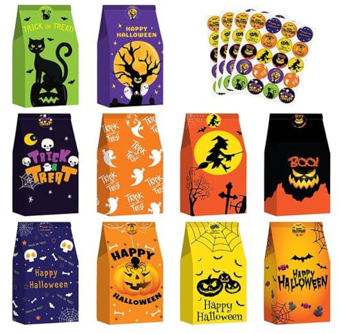 Süßigkeiten Tüte für Halloween - 40 Stück Kekse Taschen, Papiertüten, Süßigkeitsbeutel mit Aufkleber, Goodie Taschen für Party Favours