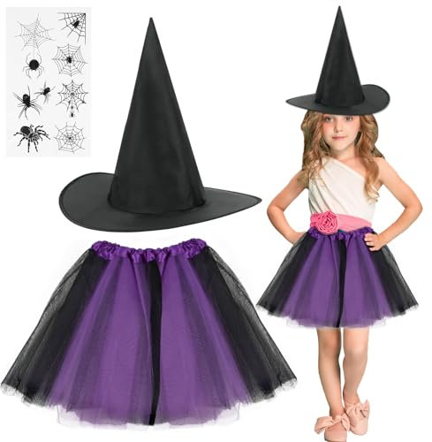 ACWOO Hexenkostüm Mädchen, Halloween Kostüm Mädchen, Hexe Kostüm Kinder, Faschingskostüme Halloween Karneval Kostüm mit Tüllrock Tütü Rock, Hexenhut, Tattoo-Aufkleber, Für Fasching Cosplay Party