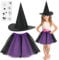ACWOO 3pcs Kids Purple Witch Costume, Magic Witch Fancy Dress with Black Hat, Tutu & Spider Stickers for World Book Day, Halloween & Parties