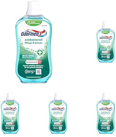 Odol-med3 Mundspülung Antibakteriell Pflege & Schutz, alkoholfreie Mundspülung, 500ml (Packung mit 5)