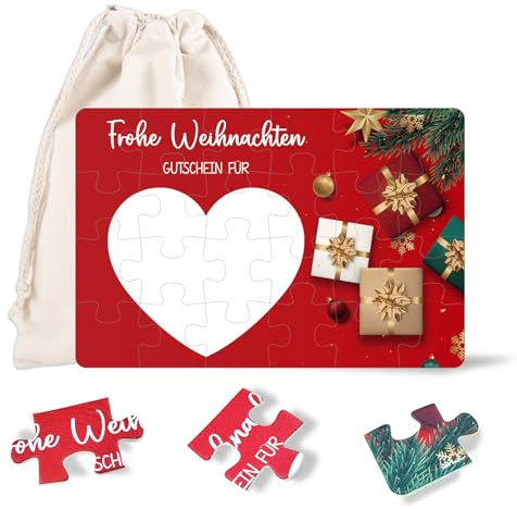 Gutschein Weihnachten, Gutscheine zum selber ausfüllen, 24-teilig Puzzle mit Baumwoll-Säckchen, Gutscheinkarte Weihnachten Verpackung, personalisierte Geschenke für Freundin Frauen Männer