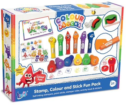 Colourblocks Stamp Colour and Stick Fun Pack - Kids Art and Craft Kit | Aesthetic Colouring Booklet, Inkpad Stampers Sheet Set for Toddler Preschool, Nursery School. Travel Early Educational Gifts.