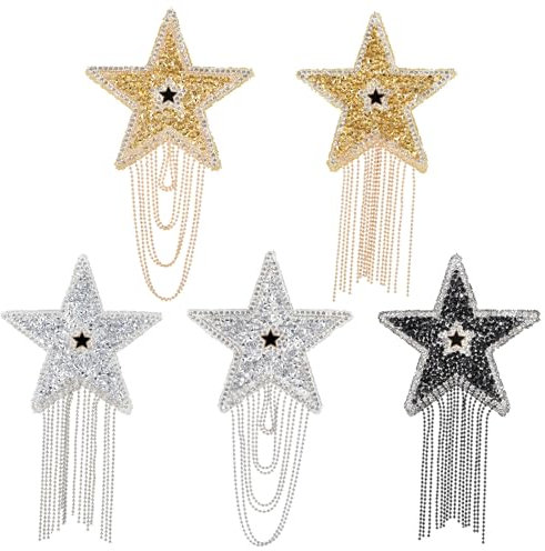 Mabor Funkelnde Strass Aufnäher zum Aufbügeln，5 Stück Stern Glitzer Bügelbilder Strass zum Aufbügeln Applikationen mit Quasten für Kleidung Kleider Hüte Taschen Jacken DIY Dekoration Accessoires