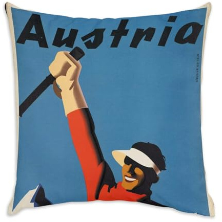 Fabulous Kissenhülle, Samt, weiß, Motiv: Österreich, Ski, Poster, Vintage, Tourismus, Art Deco 30er, 40 x 40 cm, samtig