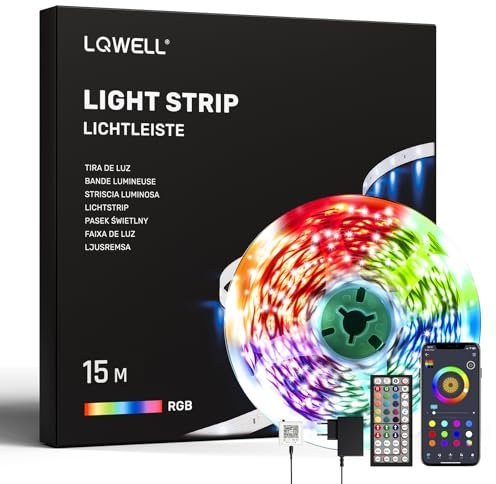 LQWELL® 15M LED-Lichtleiste mit Fernbedienung und App, Musiksynchronisierung, Farbwechsel, RGB Lichtleiste, Bluetooth, LED-Licht für Party, Zuhause, Schlafzimmer, Fernseher