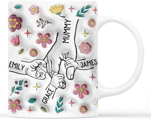Personal Chic Personalised Mummy and Kids Holding Hands Flowers Mug - Personalised Mothers Day Gifts, Mum Gifts, Grandma Gift, Mummy Tea Cup, Grandma Cup, Mum Mug (Model #8)