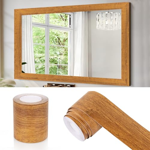 10M Mirror Border Peel and Stick, Wood Grain Wallpaper Border Mirror Tape