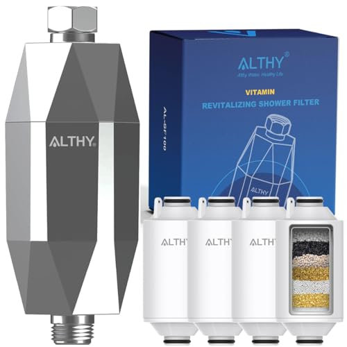 ALTHY Vitamina C Rivitalizzante Filtro Doccia,Riduce cloro, Metalli Pesanti e Ammorbidisce l'acqua Dura - Previene Pelle Secca e Pruriginosa, Caduta dei Capelli e Forfora - Cromato(Include 4 Filtri)