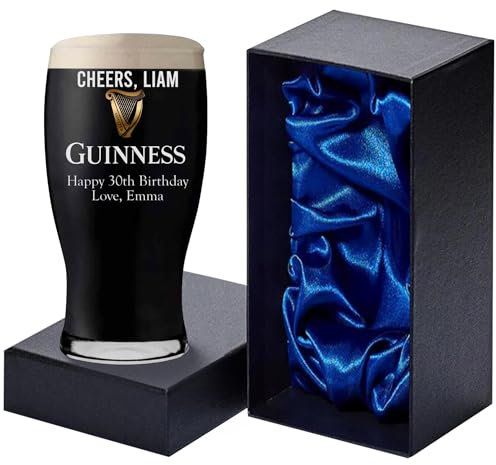 EIO Gifts Personalised Guinness Pint Glass – Custom Engraved Genuine Irish Stout Glass with Engraving & Presentation Box | Great Gift for Men, Dad, Husband | Ideal for Birthdays, Xmas, Home Bar Fans