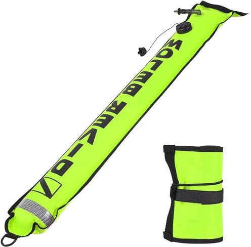 Boa di segnalazione della superficie per immersioni subacquee 18cmX1,8m、15cmX1,5m con gancio girevole Tubo di segnale Ugello gonfiabile SMB Diver Accessori galleggianti (Verde fluorescente, 18cmx1.8m)