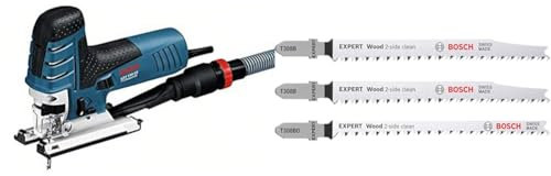 Bosch Professional Stichsäge GST 150 CE (inkl. Gleitschuh, Abdeckhaube, 1x Stichsägeblatt) + 3x Stichsägeblatt Set Expert ‘Wood 2-Side Clean‘ (für Sperrholz, Massivholz-Möbelplatte, Länge 117 mm)