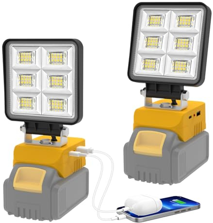 2 Pack Work Lights for Dewalt 18v Battery, NATPOW Flood Lights LED with 2 Mode, USB & Type-C Portable Light 150° Rotation, 5200LM Security Lighting for Car Garage Camping Emergency(No Battery)