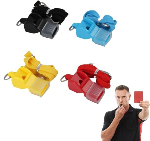 4 Silbatos Deportivos Profesionales con Cordón - 120 dB Sonido Potente - Ideal para Árbitros, Entrenadores y Salvavidas - ABS Resistente ，4 Colores (Azul, Rojo, Negro, Amarillo) - Fútbol, Baloncesto