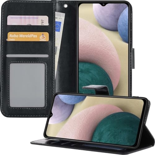 BTH - Hülle für Samsung Galaxy A12 - Bookcase Hülle mit Kartenfach - Portemonnaie Etui Schwarz