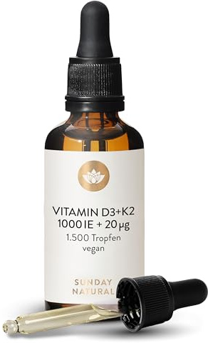 SUNDAY NATURAL® Vitamin D3 K2 Tropfen - Vegan - Premium Vitamin D 3 1.000 IE (25µg) + K2 MK7 ≥99,8% all-trans 20µg - Hohe Bioverfügbarkeit, ohne unnötige Zusätze, laborgeprüft -Perfekt zum Teilen