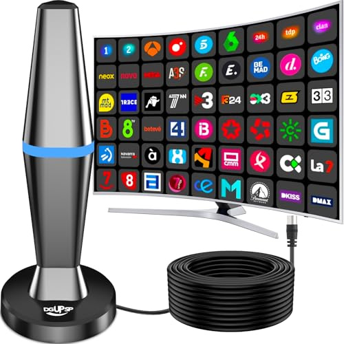 DGUPSP Antena TV Interior, Antena TV Portatil con Base Magnética Fuerte, Alcance de 80+ KM, Compatible con 4K 1080P, Cable Coaxial de 3M, para Freeview y Canales Locales - Azul